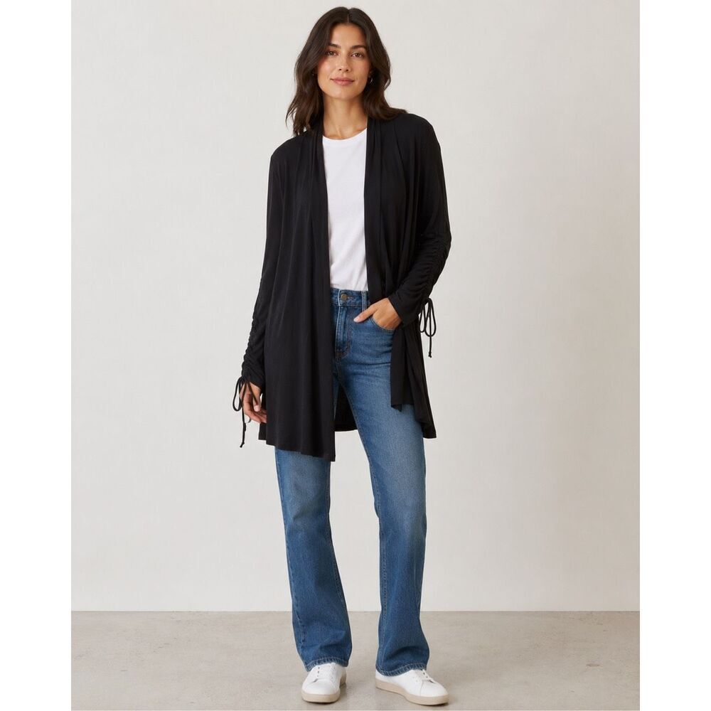 Tart black open-front jersey lightweight cardigan ruched sleeves Large #1000